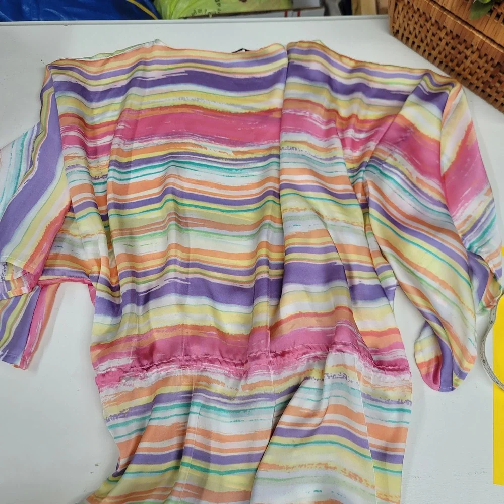 Chaps Pastel Watercolor Striped Caftan Dress Top CoverUp Beach Pool Resort Large